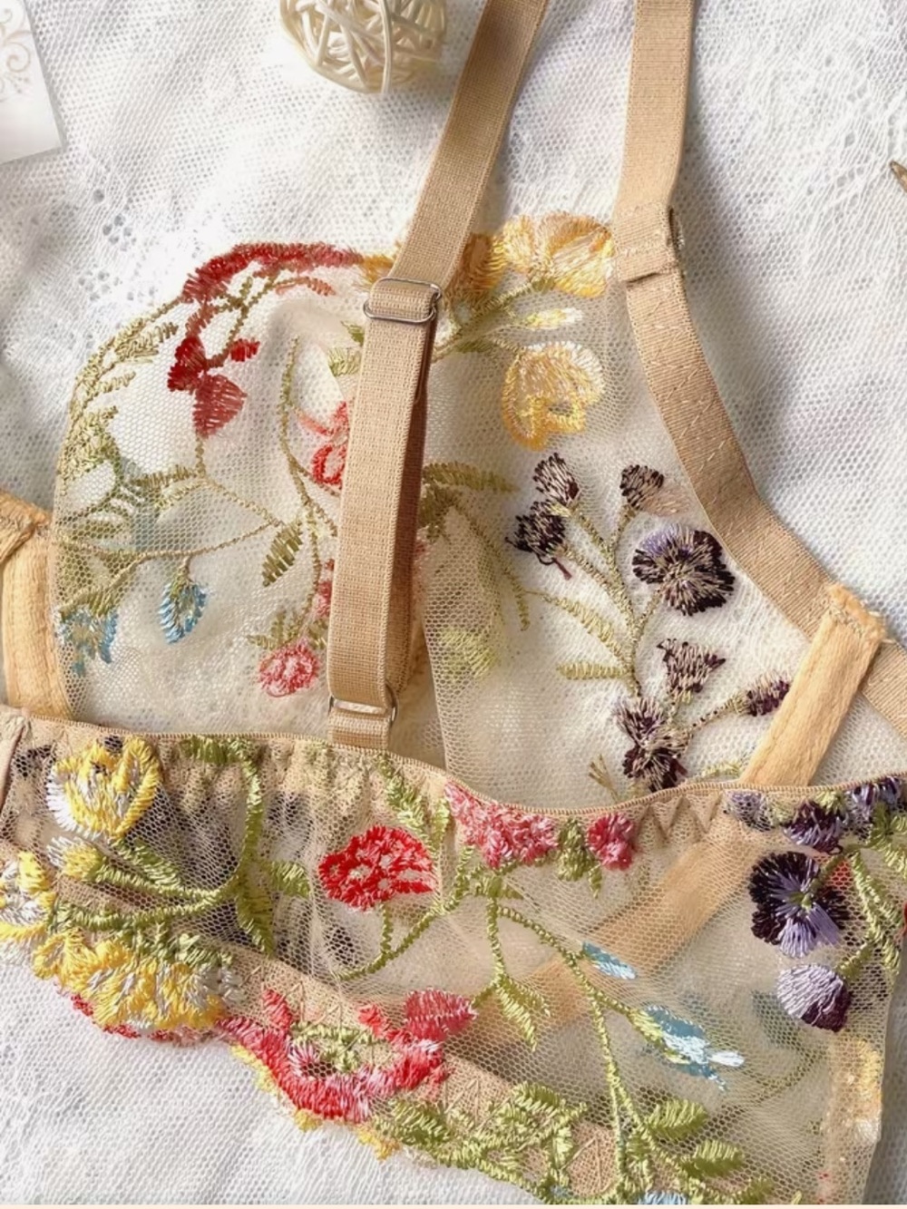 Sheer Floral Embroidered Bralette & Thong Set - Beige/Yellow, Size Medium, NWT - Picture 4 of 7